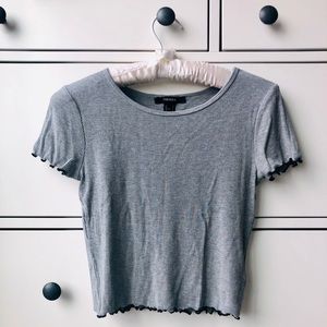 Gray crop top with black scallop trim